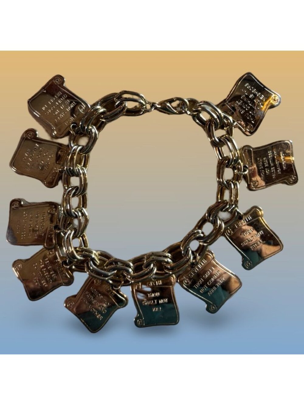 Ten Commandments Vintage Gold-Tone Charm Bracelet Scroll Plaques Religious Bible